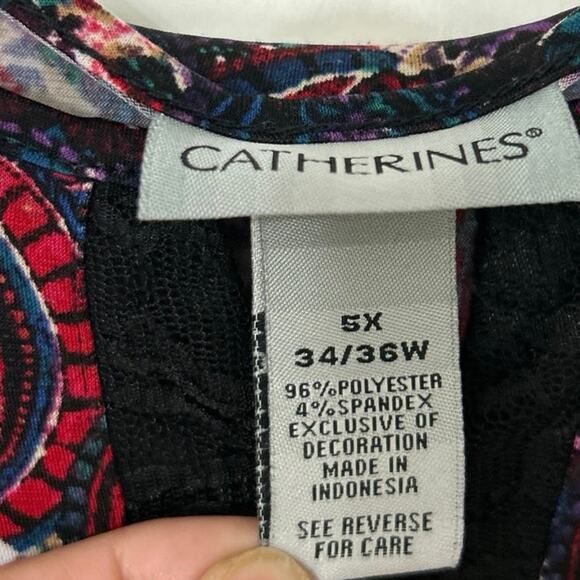 Catherine’s Jewel Tone Paisley Print Lace Inset Flowy Tunic Top 5X Dark Romantic - Picture 12 of 13